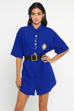 Vintage Gina Royal Blue Cameo Blouse / dress Pearl & Gold Chain Accents Medium